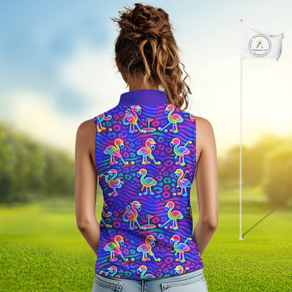 Colorful Neon Rainbow Leopard Flamingo Pattern Womens Sleeveless Polo Shirts, Custom Flamingo Golf Shirts NBT507