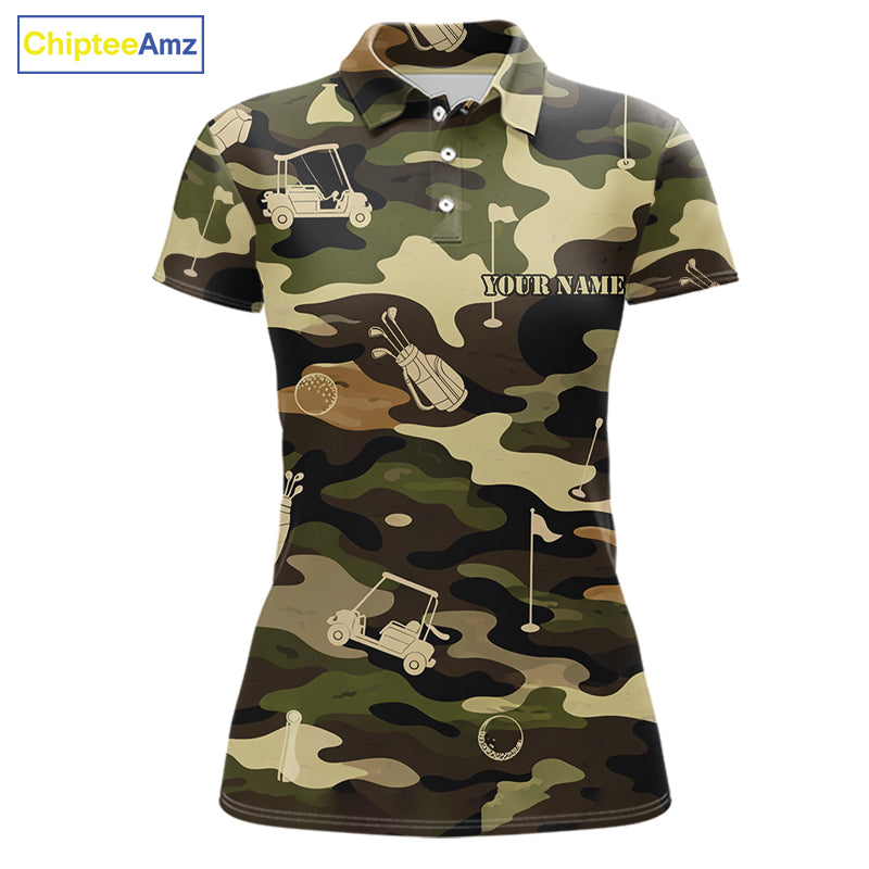 Green Camo Womens Golf Polo Shirts Custom Golf Attire For Ladies, Personalized Golfer Gifts NBT626