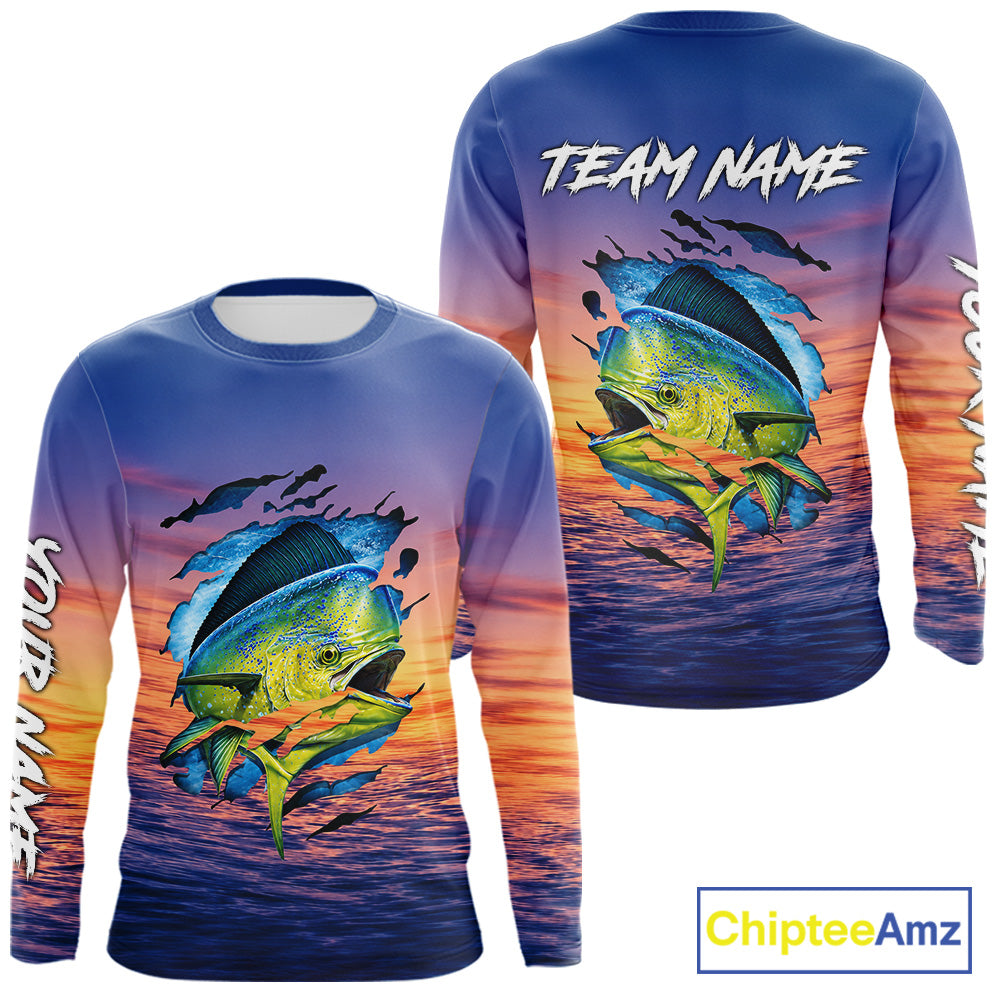 Mahi Mahi Fishing Sunset Custom Fishing Long Sleeve Shirt, Mahi Mahi Offshore Fishing Apparel NBT854