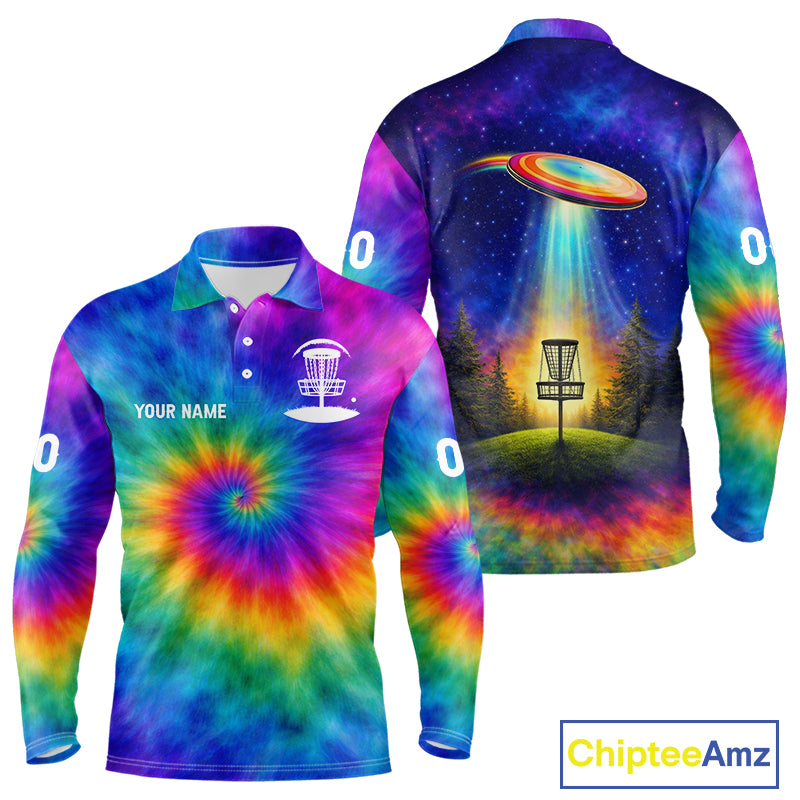 Mens Disc Golf Polo Shirts with Colorful Tie Dye Background Custom Disc Golf Team Shirt, Disc Golf Gift NBT657