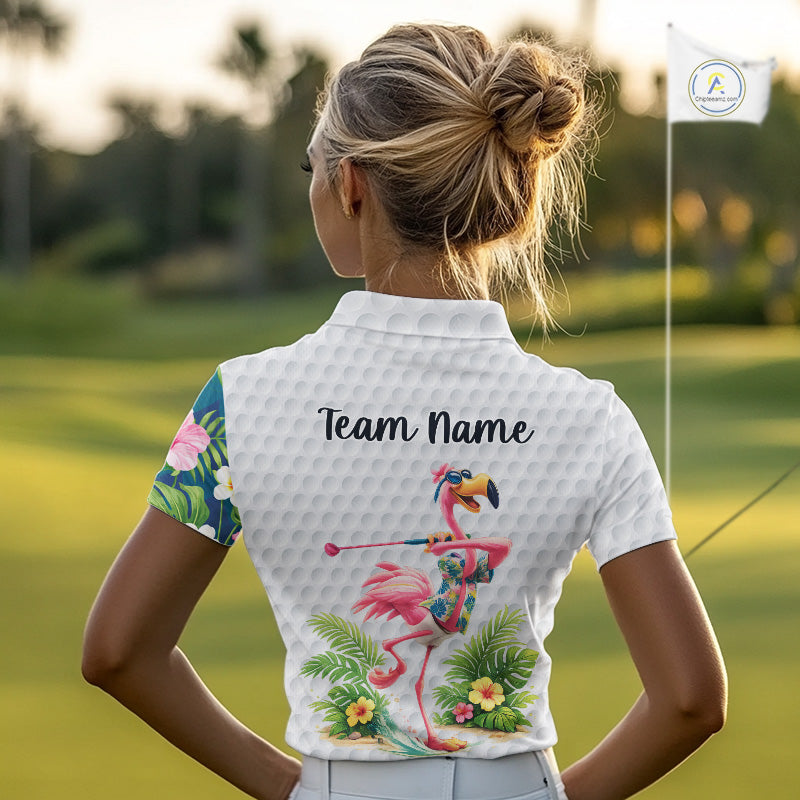 Funny Womens Golf Polo Shirt Custom Tropical Flamingo Pattern White Golf Shirts NBT523