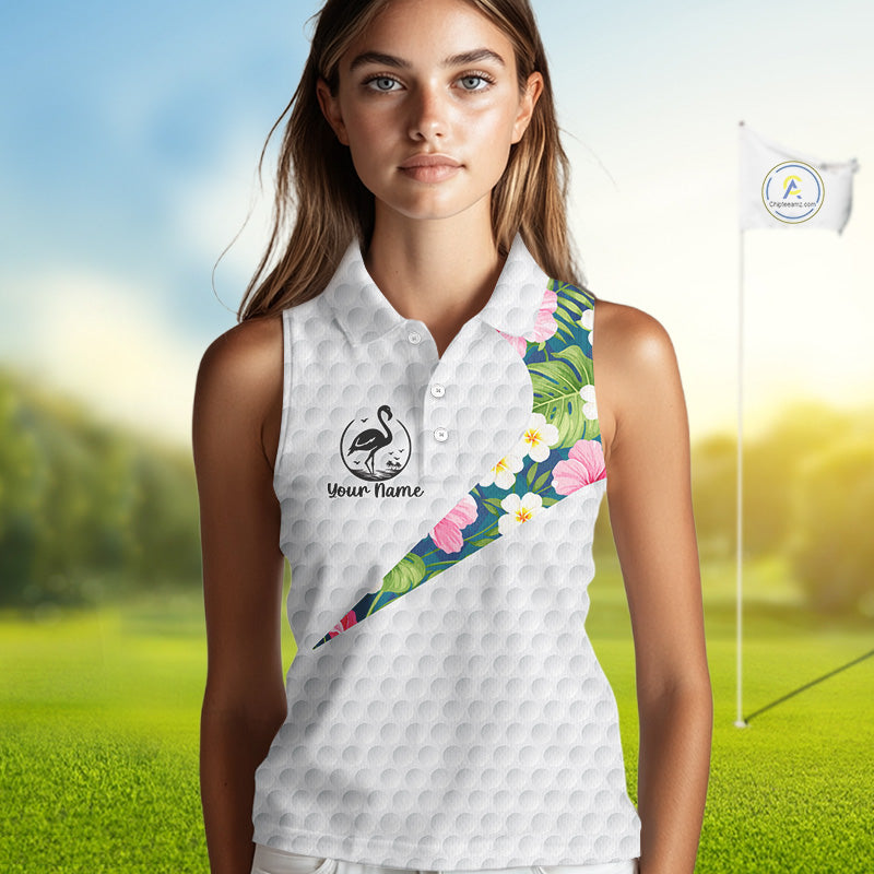 Funny Womens Sleeveless Golf Polo Shirt Custom Tropical Flamingo Pattern White Golf Shirts NBT521