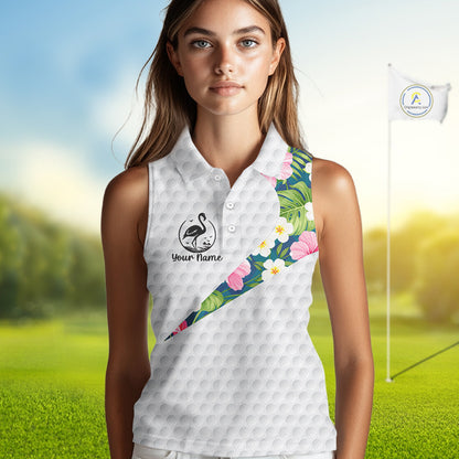 Funny Womens Sleeveless Golf Polo Shirt Custom Tropical Flamingo Pattern White Golf Shirts NBT521