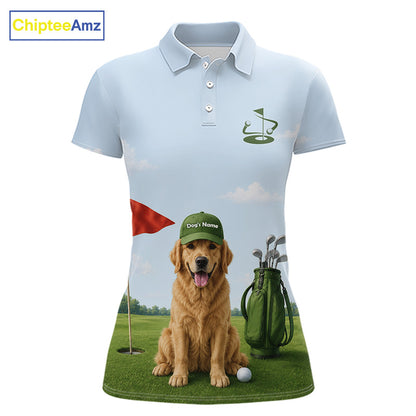 Golf polo shirt with a Golden Retriever on a golf course