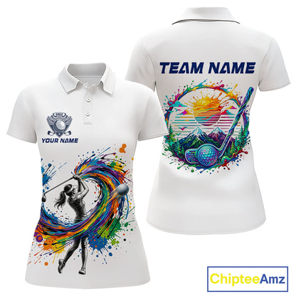 Womens Golf Polo Shirt Watercolor Golfer Golf Pattern Custom Name White Golf Shirt, Golf Gifts NBT685