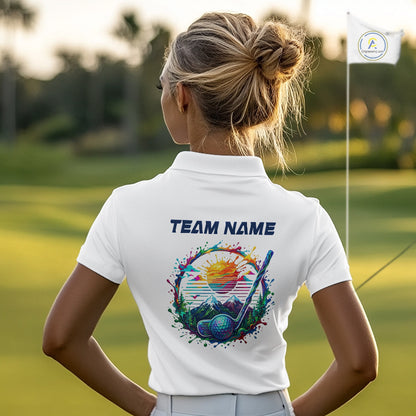 Womens Golf Polo Shirt Watercolor Golfer Golf Pattern Custom Name White Golf Shirt, Golf Gifts NBT685
