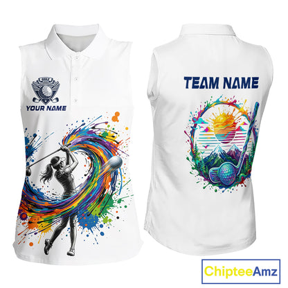 Womens Golf Polo Shirt Watercolor Golfer Golf Pattern Custom Name White Golf Shirt, Golf Gifts NBT685