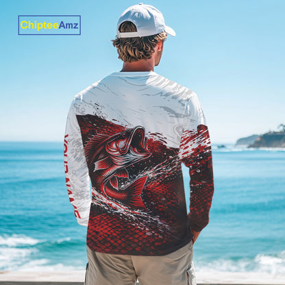 Custom Largemouth Bass Red Fish Scale Long Sleeve Fishing Shirts, Bass Fishing Jerseys|Red NBT344