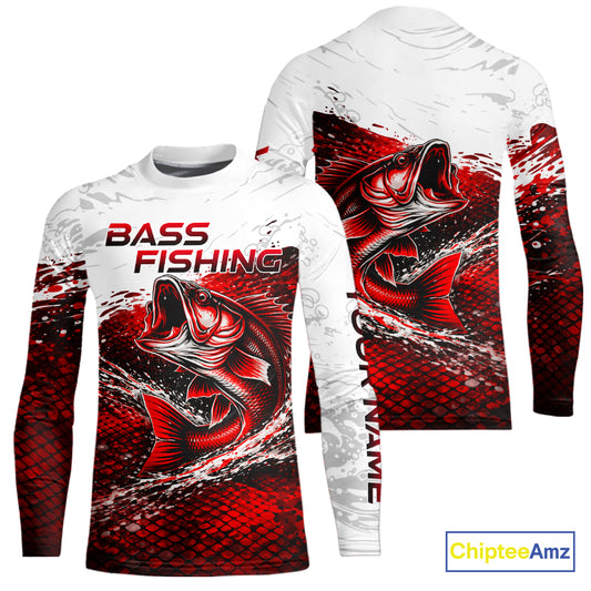 Custom Largemouth Bass Red Fish Scale Kid Long Sleeve Fishing Shirts, Bass Fishing Jerseys|Red NBT344