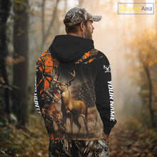 Load image into Gallery viewer, Deer Hunting Shirt Orange Forest Camo US Flag Custom Name Hoodie, Long Sleeve For Men NBT256