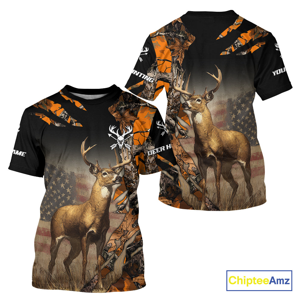 Deer Hunting Shirt Orange Forest Camo US Flag Custom Name Hoodie, Long Sleeve For Men NBT256