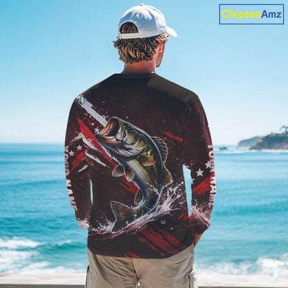 American Flag Fishing Shirt, Bass Fishing Shirts Long Sleeve, Bass Fishing Tournament Shirts|Red NBT434