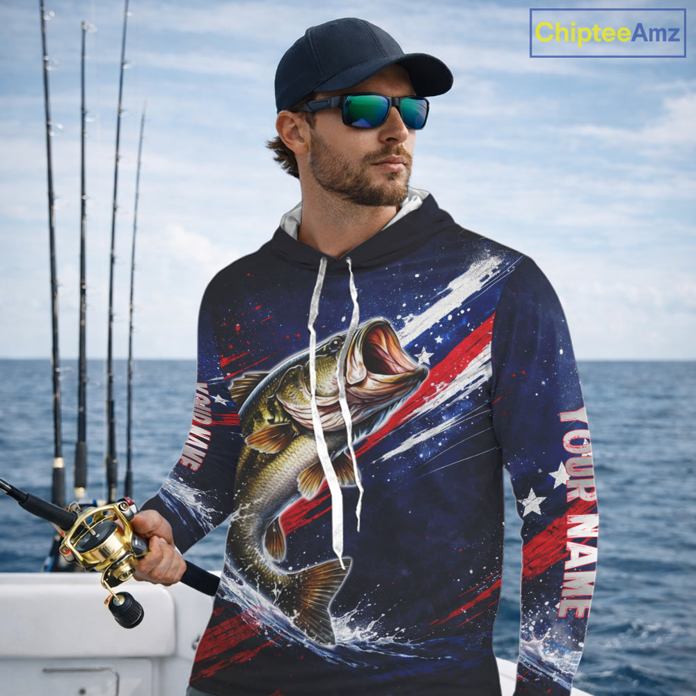 American Flag Fishing Shirt, Bass Long Sleeve Hooded Fishing Shirts, Bass Fishing Tournament Shirts|Blue NBT433