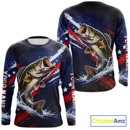American Flag Fishing Shirt, Bass Fishing Shirts Long Sleeve, Bass Fishing Tournament Shirts| Blue NBT433
