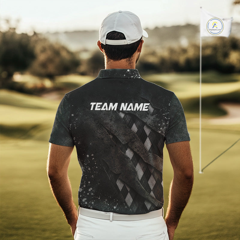 A golfer man in a golf course wearing a gray argyle plaid pattern golf polo shirt with “Team Name” on the back.