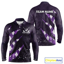 Load image into Gallery viewer, Front and back views of a purple argyle plaid pattern long sleeve golf polo shirt, chest name text, and team name on the back.