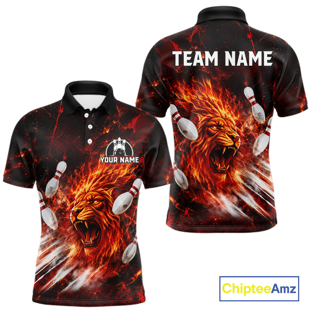 Front and back view of Red Flame Lion Custom Men Bowling Quarter Zip Shirts Bowling League Shirts Bowling Team Jerseys