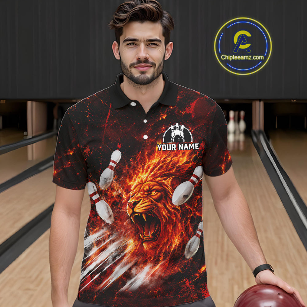 Red Flame Lion Custom Men Bowling polo Shirts 