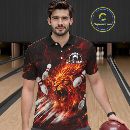 Red Flame Lion Custom Men Bowling polo Shirts 