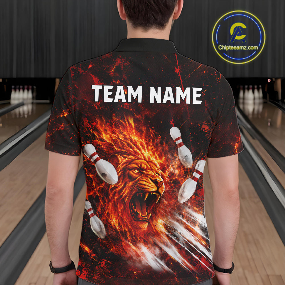 Red Flame Lion Custom Men Bowling polo Shirts - back view with personalized name 