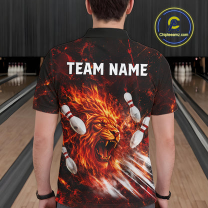 Red Flame Lion Custom Men Bowling polo Shirts - back view with personalized name 