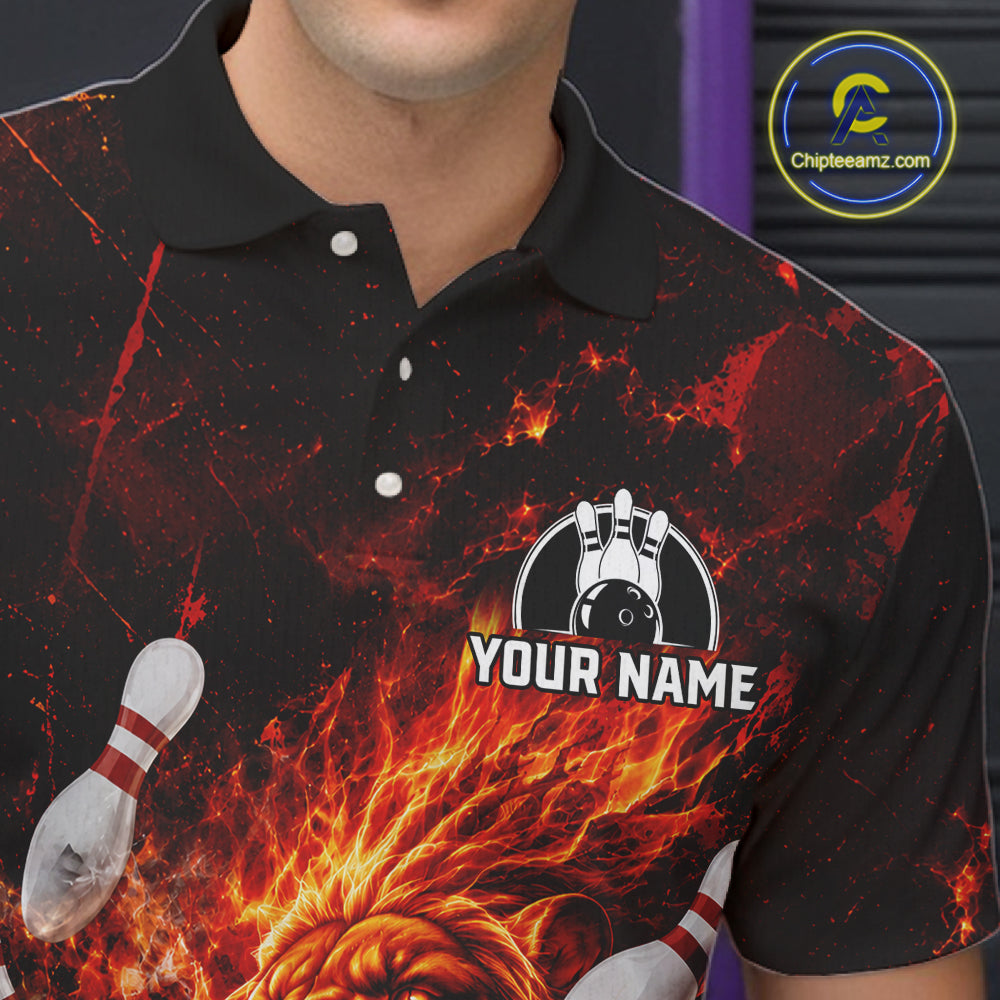 Red Flame Lion Custom Men Bowling Quarter Zip Shirts Bowling League Shirts Bowling Team Jerseys NBT878