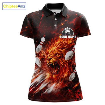 Front view of Red Flame Lion Custom Men Bowling Polo Shirts Bowling League Shirts with personalized name on the chest
