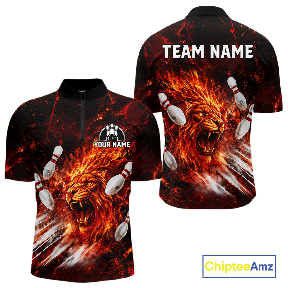 Front and back view of Red Flame Lion Custom Men Bowling Quarter Zip Shirts Bowling League Shirts Bowling Team Jerseys