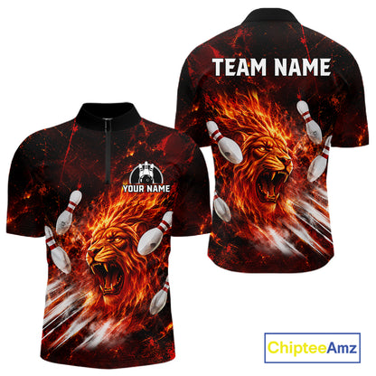 Front and back view of Red Flame Lion Custom Men Bowling Quarter Zip Shirts Bowling League Shirts Bowling Team Jerseys