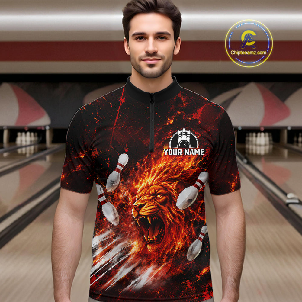 Bowler wearing Red Flame Lion Custom Men Bowling 1/4 Quater Zip Shirts 
