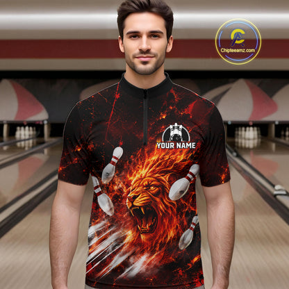 Bowler wearing Red Flame Lion Custom Men Bowling 1/4 Quater Zip Shirts 