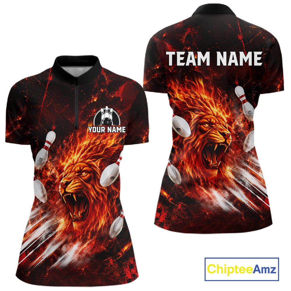 Front and back view of Red Flame Lion Custom Men Bowling 1/4 Quarter Zip Shirts Bowling League Shirts with personalized name