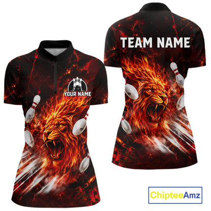 Front and back view of Red Flame Lion Custom Men Bowling 1/4 Quarter Zip Shirts Bowling League Shirts with personalized name