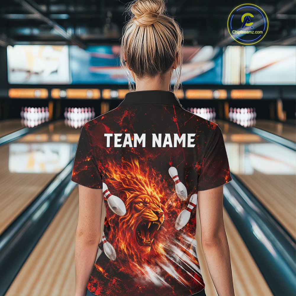 Bowler wearing Red Flame Lion Custom Men Bowling 1/4 Quarter Zip Shirts Bowling League Shirts - back view