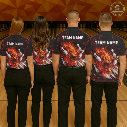 Bowling team wearing Red Flame Lion Custom Men Bowling 1/4 Quater Zip Shirts with custom team name on the back
