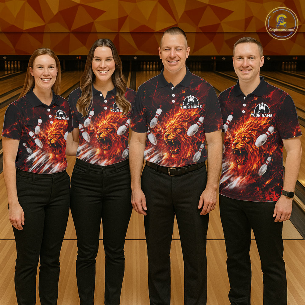 Bowling team wearing matching Red Flame Lion Custom Men Bowling Polo Shirts Bowling League Shirts