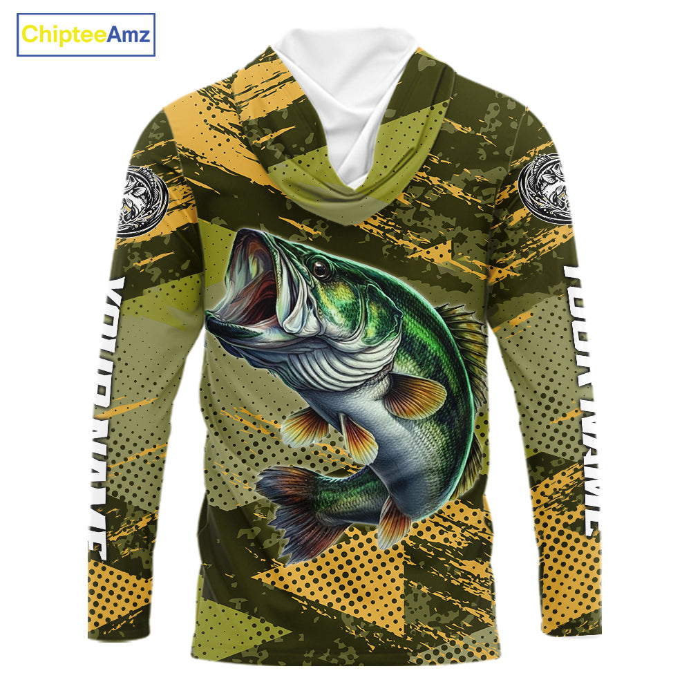 Green Camo Custom Largemouth Bass Fishing Shirts with Hood For Men, Bass Fishing Jerseys NBT438