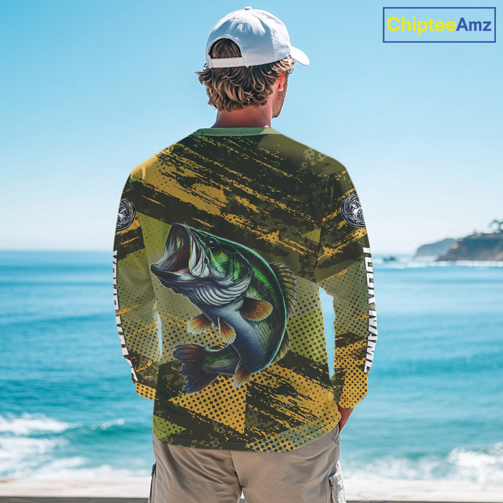 Green Camo Custom Largemouth Bass Fishing Shirts For Men, Bass Fishing Jerseys NBT438