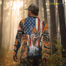 Load image into Gallery viewer, Whitetail Deer Hunting Big Game US Flag Custom Name Orange Camo Shirts, Hunting Clothing NBT265