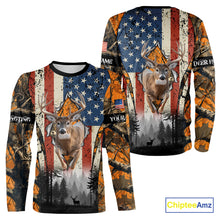 Load image into Gallery viewer, Whitetail Deer Hunting Big Game US Flag Custom Name Orange Camo Shirts, Hunting Clothing NBT265
