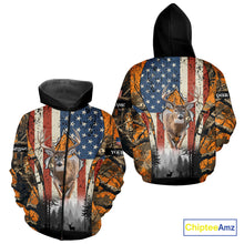 Load image into Gallery viewer, Whitetail Deer Hunting Big Game US Flag Custom Name Orange Camo Shirts, Hunting Clothing NBT265