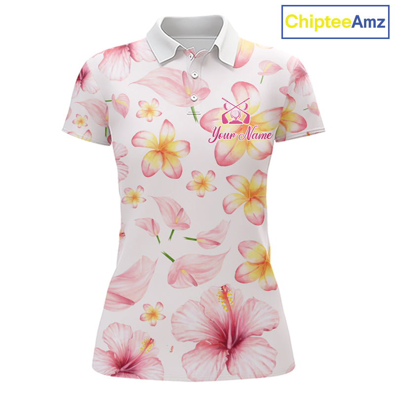 Custom Pink Tropical Flower Funny Flamingo Womens Golf Polo Shirts, Funny Golf Shirts For Ladies NBT565