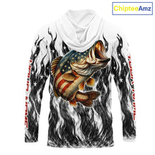 Load image into Gallery viewer, Black Camo American Flag Bass Long Sleeve Hooded Fishing Shirts, Patriotic Fishing Shirt NBT456