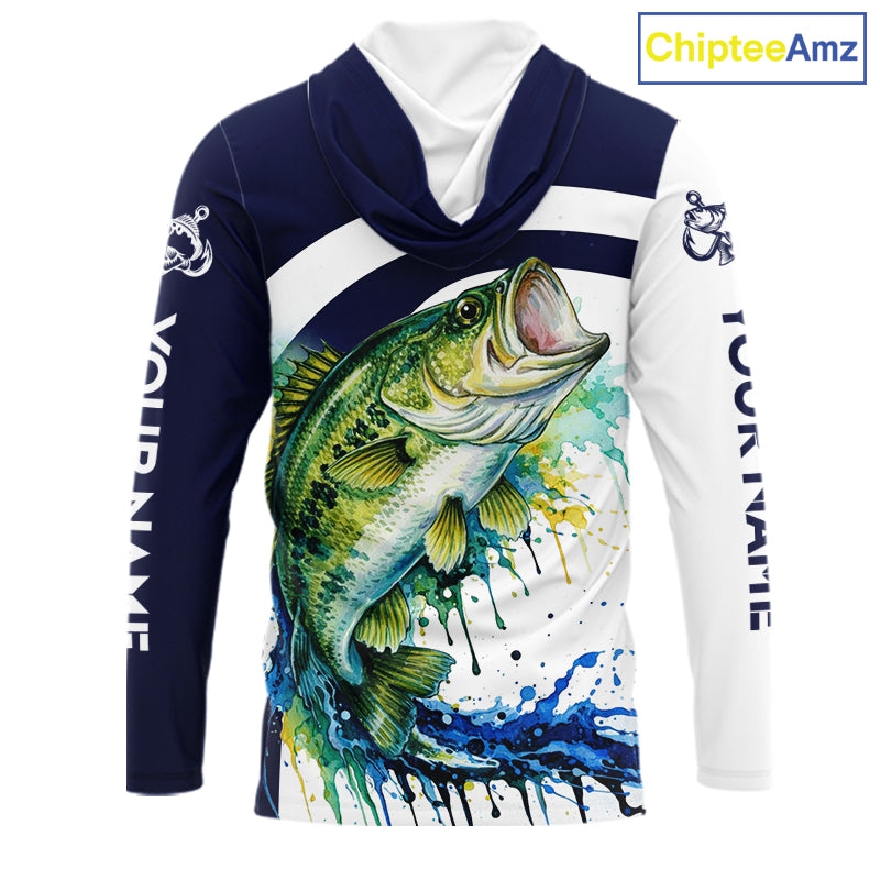 Custom Bass Fishing Shirts Long Sleeve with Hood Blue Camo Color Paint, Bass Fishing Shirts NBT461