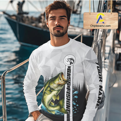 White Camo Bass Fishing Custom Name Long Sleeve Fishing Shirts With UV Protection NBT462