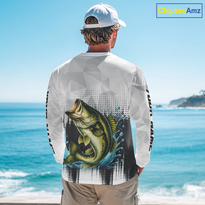 White Camo Bass Fishing Custom Name Long Sleeve Fishing Shirts With UV Protection NBT462