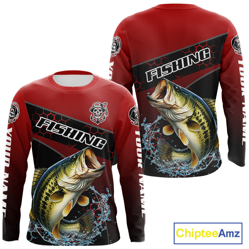Largemouth Bass Hooded Fishing Shirts Red Camo Custom Name, Bass Fishing Shirts NBT463