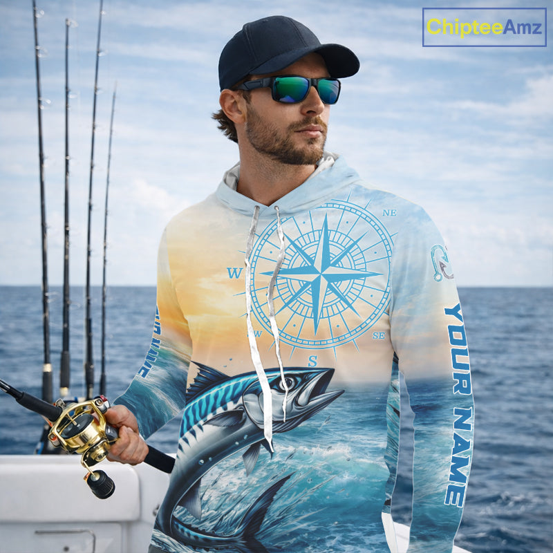 King Mackerel Fishing Sunset Custom Fishing Long Sleeve Hooded Shirt, Compass Offshore Fishing Apparel NBT586