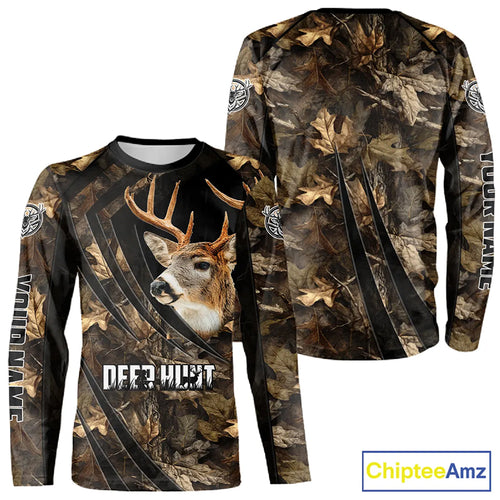 Personalized Whitetail Deer Hunting 3D All Over Printed Hoodie Brown Autumn Leaves Camo NBT276