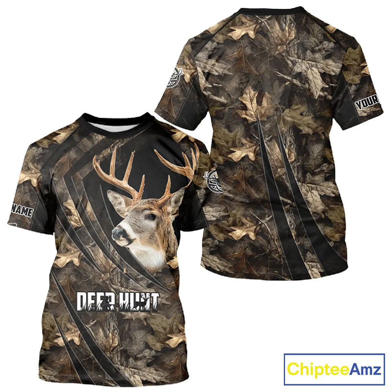 Personalized Whitetail Deer Hunting 3D All Over Printed Hoodie Brown Autumn Leaves Camo NBT276
